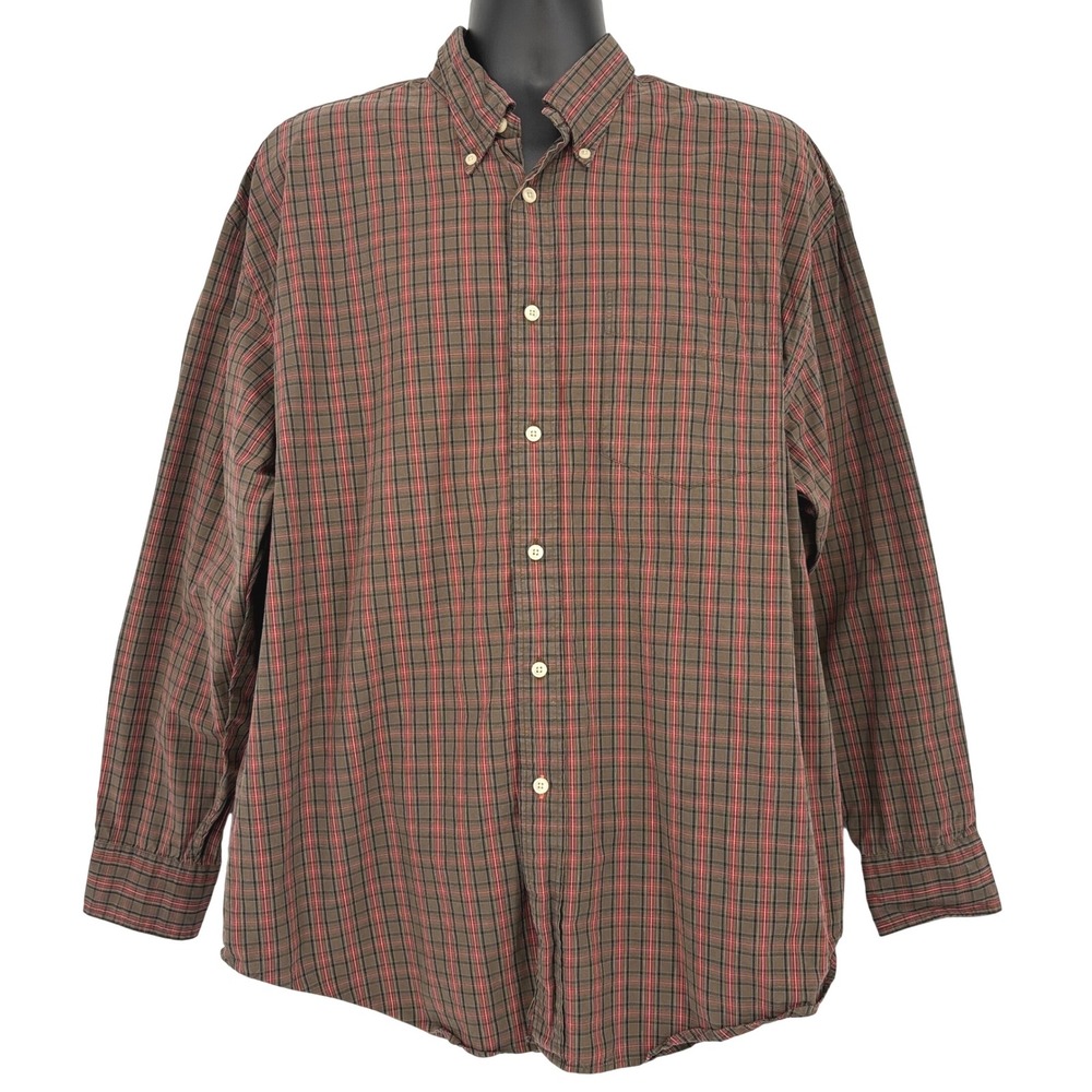 Nautica Mens XL Brown Plaid 80s Two-Ply Cotton Button Down Shirt Long Sleeve Y2K